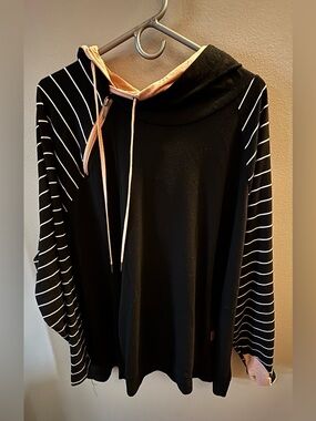 Maurices Plus Black and Blush Pink Double Hoodie with Shoulder Zipper Detail